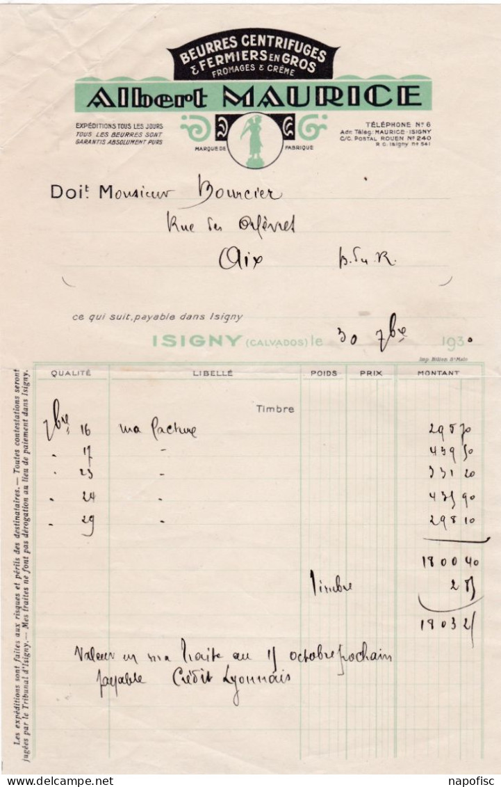 14-A.Maurice.. Beurres Centrifugés & Fermiers En Gros, Fromages & Crèmes. Isigny...(Calvados)....1930 - Lebensmittel