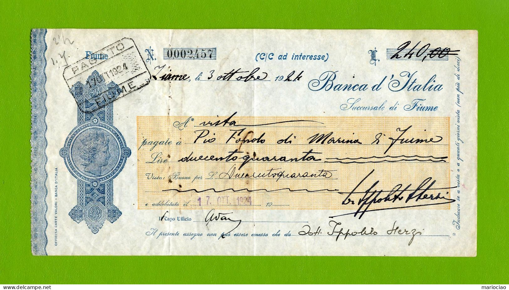 T-ITcheck Banca D'Italia - Dalmazia FIUME 1924 - Bank & Versicherung