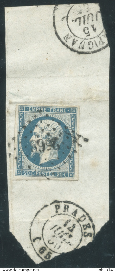 N°14 20c BLEU LAITEUX NAPOLEON TYPE 1 SUR FRAGMENT / 15 JUIL 1855 / PRADES PC 2568 - 1853-1860 Napoléon III