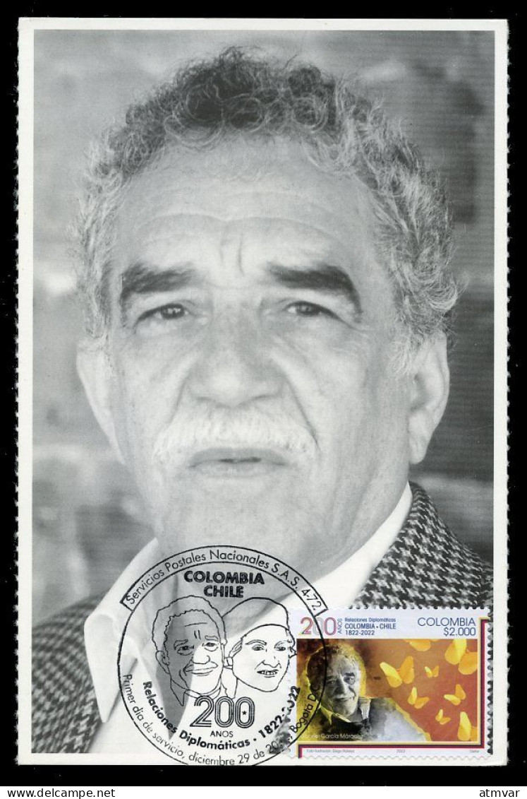 COLOMBIA (2022) Carte Maximum Card - 200 Años Relaciones Diplomáticas Chile, Gabriel Garcia Marquez, Literatura - Kolumbien