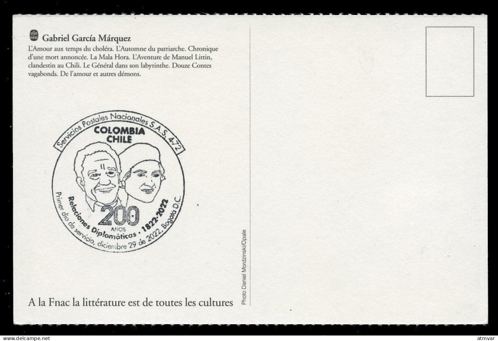 COLOMBIA (2022) Carte Maximum Card - 200 Años Relaciones Diplomáticas Chile, Gabriel Garcia Marquez, Literatura - Colombia