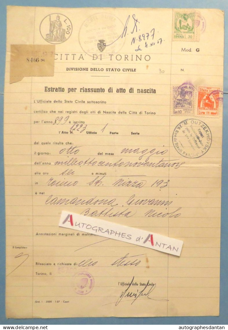 ● Citta Di TORINO 1957 Vieux Papier état Civil TURIN Cachets Raiter Outzekhovsky - Italie Italia Italy - Geburt & Taufe