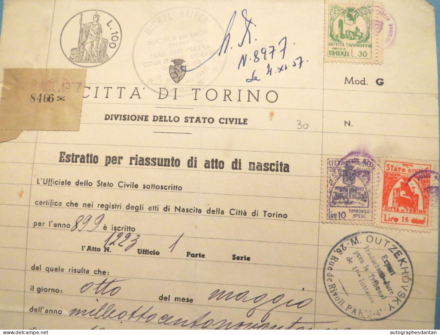● Citta Di TORINO 1957 Vieux Papier état Civil TURIN Cachets Raiter Outzekhovsky - Italie Italia Italy - Birth & Baptism