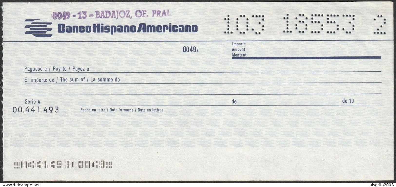 España, Cheque - Banco Hispano Americano, Badajoz - Cheques & Traverler's Cheques
