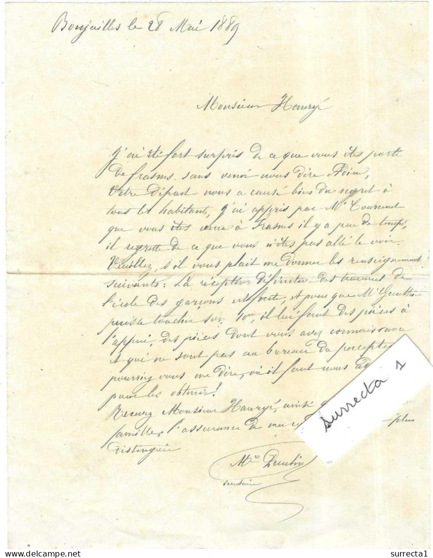 1889 Courrier Mairie Boujailles / Travaux école Garçons / Réclame Documents Au Percepteur Frasne (Doubs) - 1800 – 1899