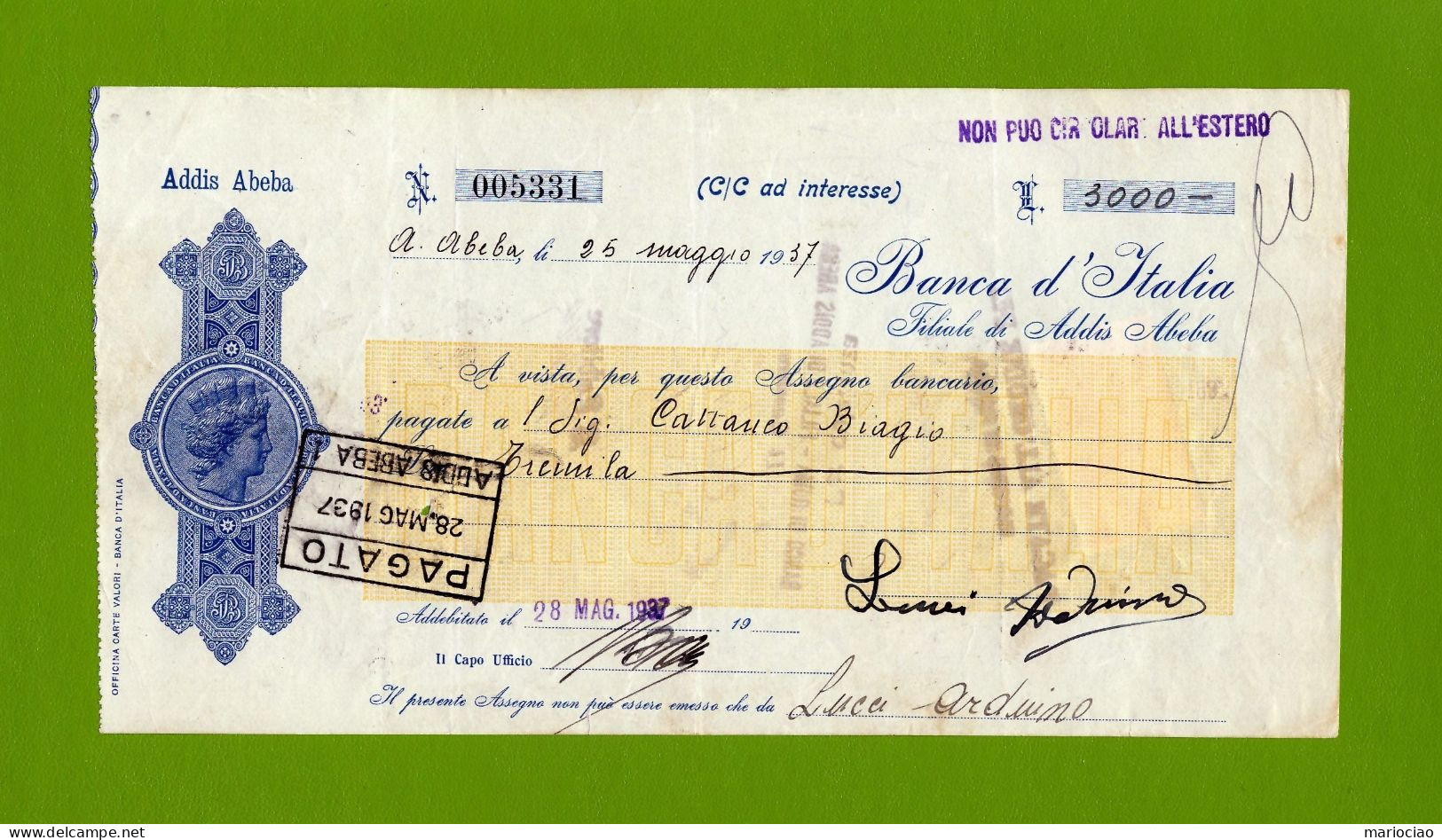 T-ITcheck Banca D'Italia Addis Abeba 1937 Giallo + Francobollo In Uso Fiscale - Banco & Caja De Ahorros