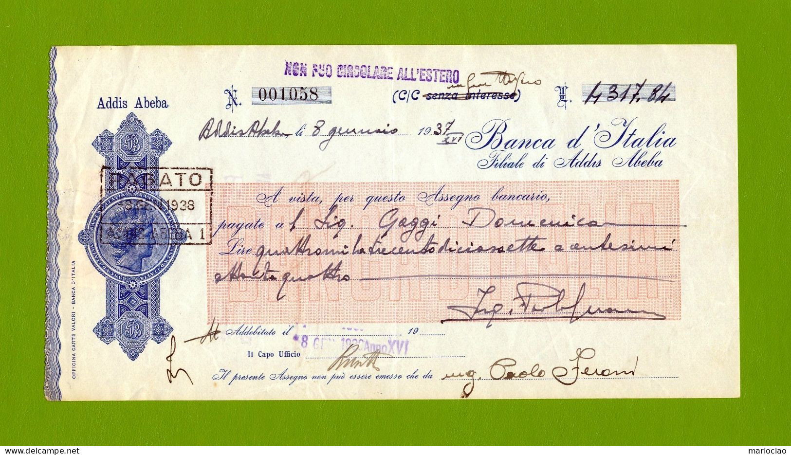 T-ITcheck Banca D'Italia Addis Abeba 1937 Rosso + Marca Fiscale - Bank & Versicherung