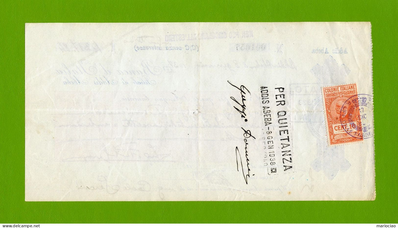 T-ITcheck Banca D'Italia Addis Abeba 1937 Rosso + Marca Fiscale - Banque & Assurance