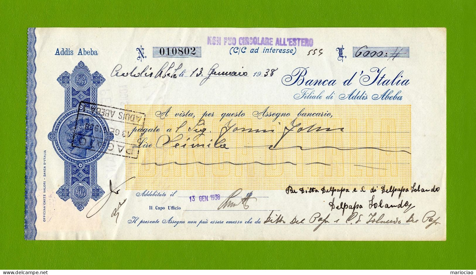 T-ITcheck Banca D'Italia Addis Abeba 1938 Giallo + Marca Fiscale - Bank & Versicherung