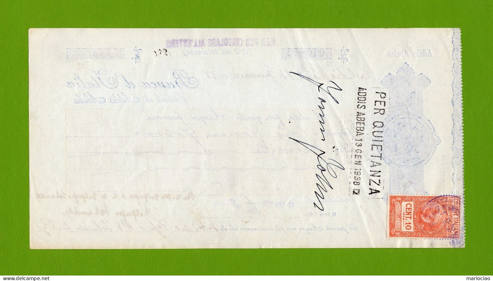 T-ITcheck Banca D'Italia Addis Abeba 1938 Giallo + Marca Fiscale - Banque & Assurance