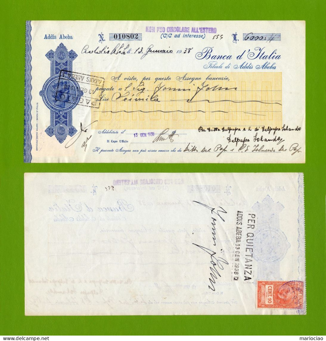T-ITcheck Banca D'Italia Addis Abeba 1938 Giallo + Marca Fiscale - Bank & Versicherung