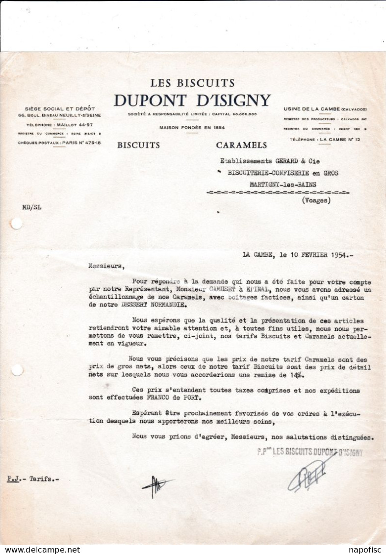 14-Dupont D'Isigny...Biscuits, Caramels...La Cambe..(Calvados)....1954 - Alimentaire