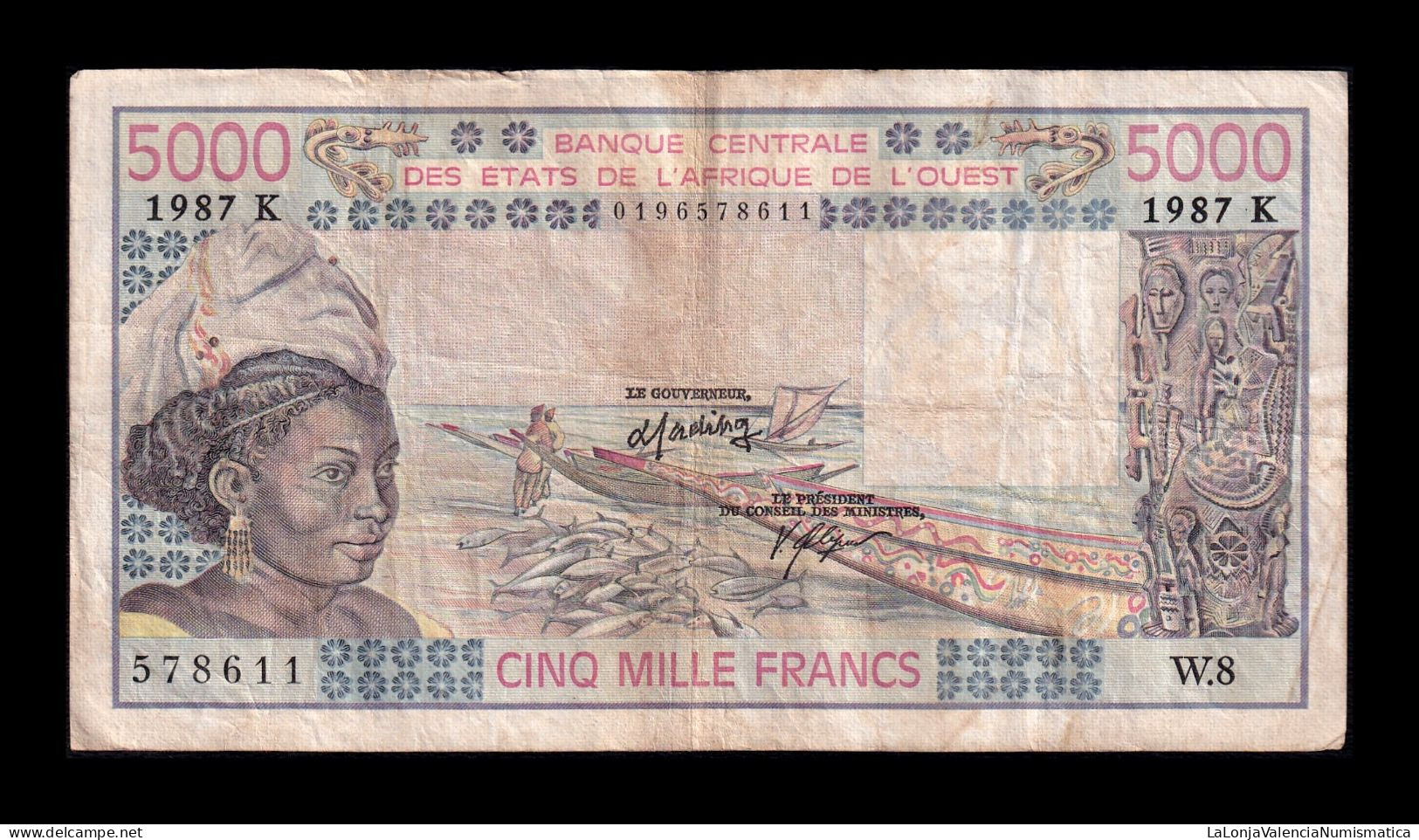 West African St. Senegal 5000 Francs 1987 Pick 708Kl Bc/Mbc F/Vf - West-Afrikaanse Staten
