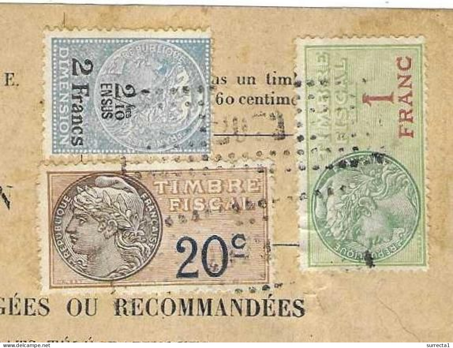 1927 Timbres Fiscaux Assortiment / TD 2 Francs+2/10 + TF 20 C + TF 1 Franc / Sur Document - Cartas & Documentos