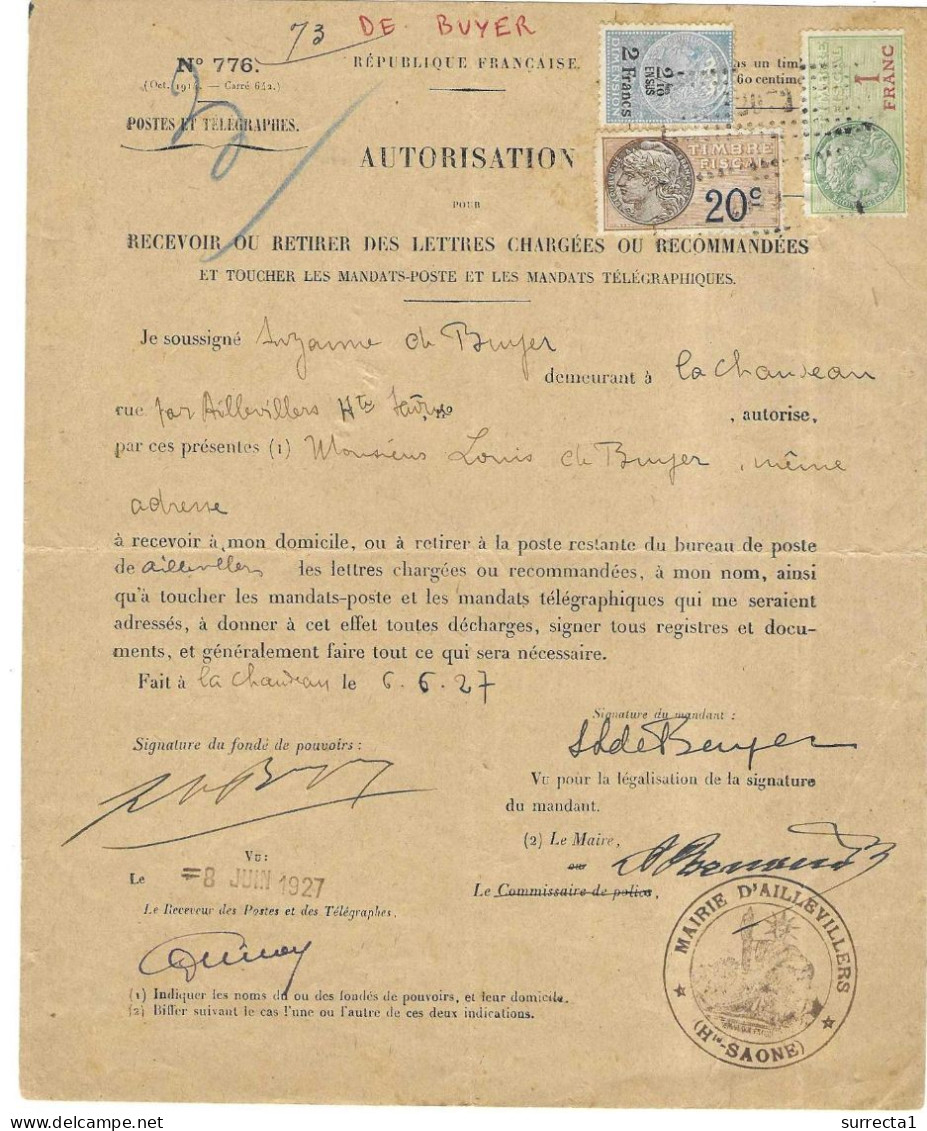 1927 Timbres Fiscaux Assortiment / TD 2 Francs+2/10 + TF 20 C + TF 1 Franc / Sur Document - Storia Postale