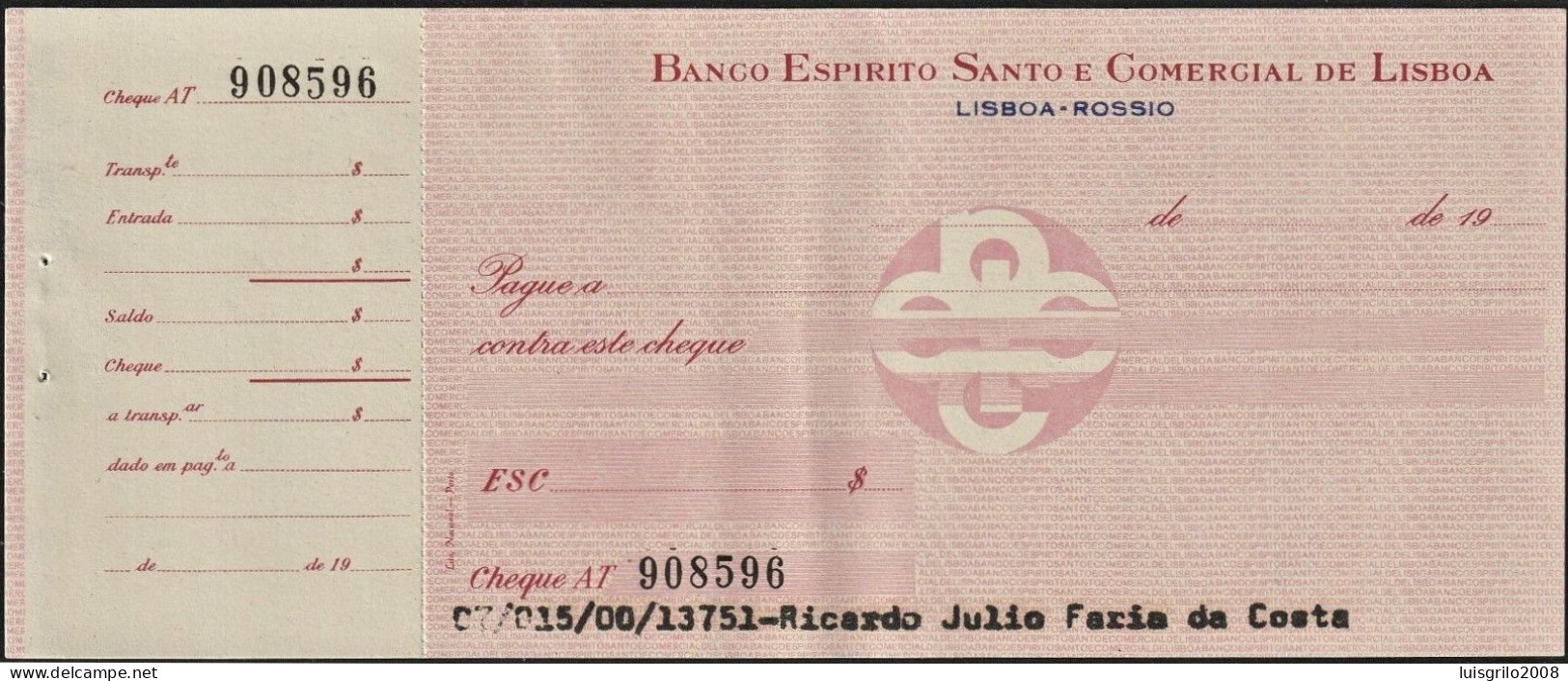 Portugal, Cheque - Banco Espirito Santo E Comercial De Lisboa. Rossio, Lisboa - Nuovi