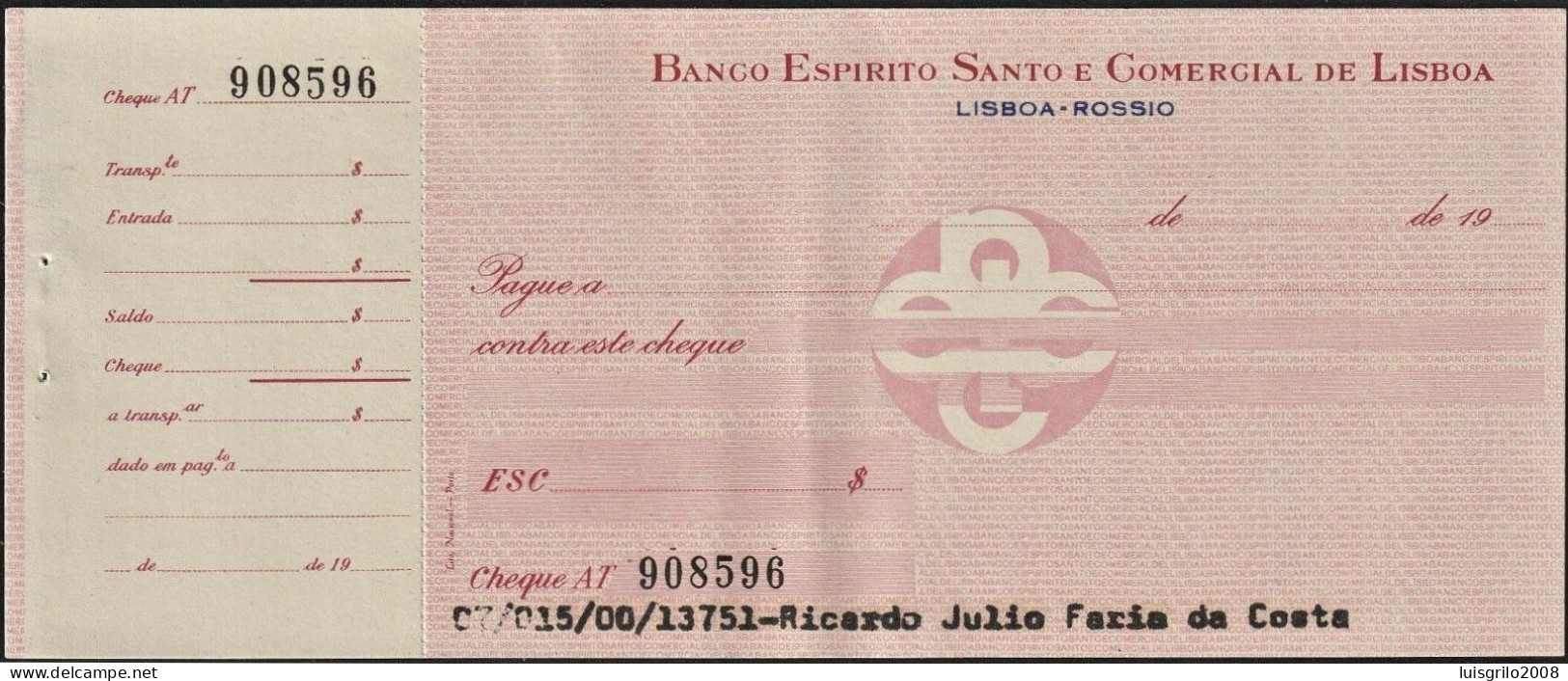 Portugal, Cheque - Banco Espirito Santo E Comercial De Lisboa. Rossio, Lisboa - Cheques En Traveller's Cheques
