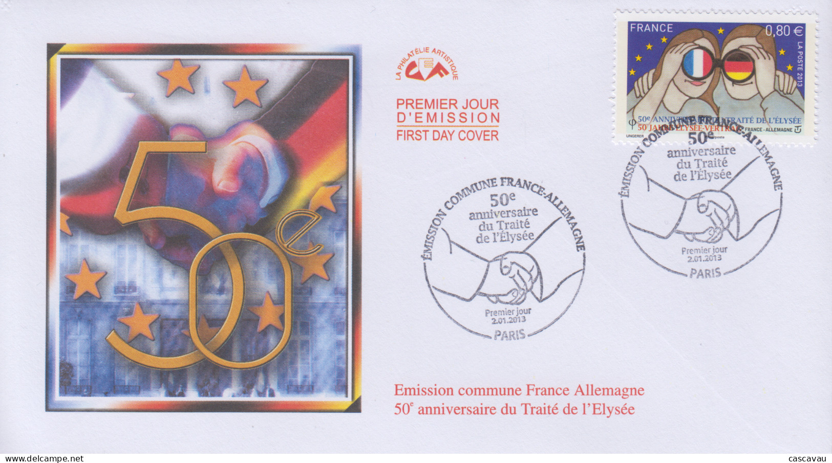 Enveloppe  FDC   1er   Jour    FRANCE   Traité  De  L' Elysée   Emission  Commune   FRANCE  -  ALLEMAGNE    2013 - 2010-2019