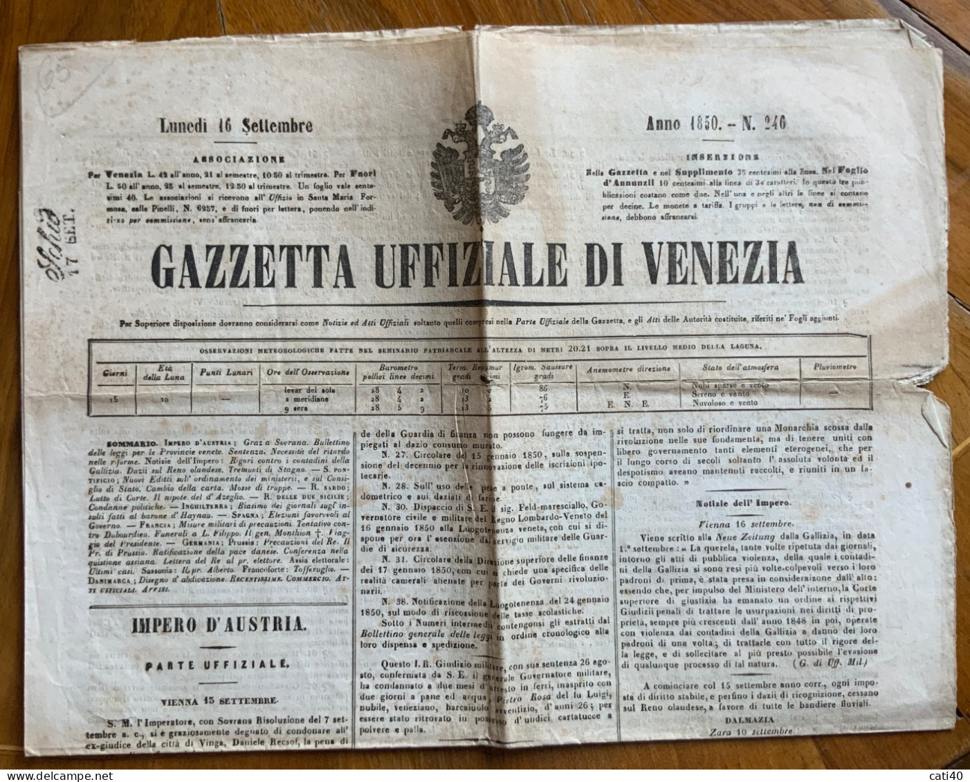 SCHIO 17 SETT. - Annullo Su La GAZZETTA UFFIZIALE DI VENEZIA N. 246 DEL 16/9/1850 - GIORNALE COMPLETO - Historische Dokumente