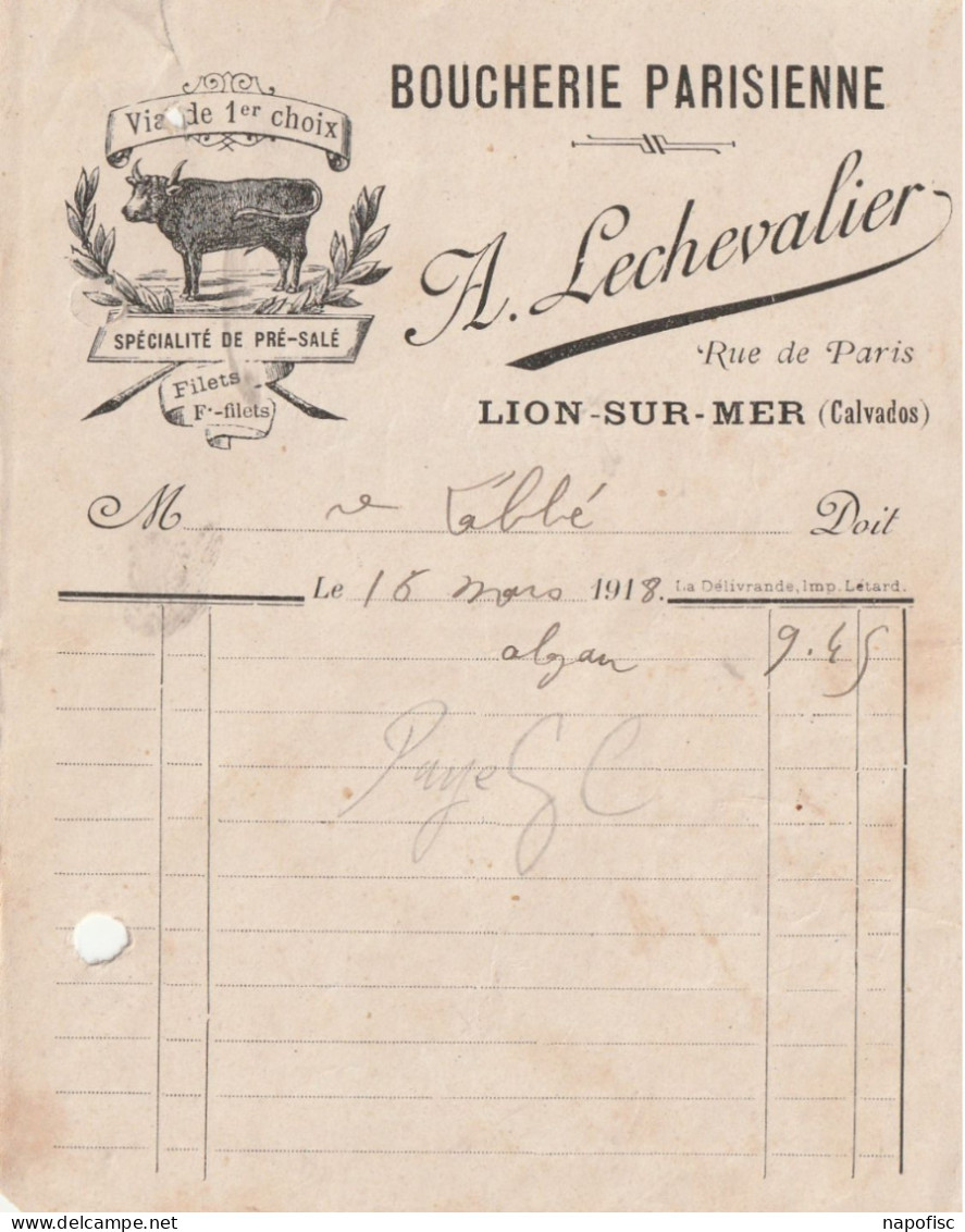 14-A.Lechevalier...Boucherie Parisienne, Spécialité De Prè-Salé....Lion-sur-Mer....(Calvados)....1918 - Alimentaire