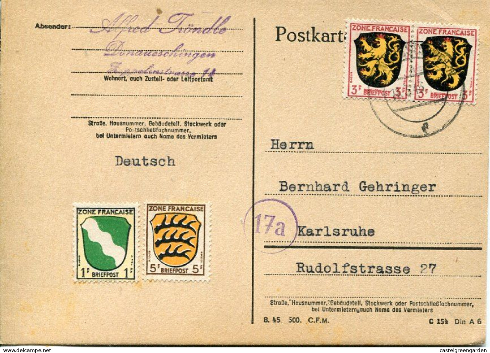 X0427 Germany (zone Francaise Baden Wurtt.)card Circuled 1946 - Württemberg