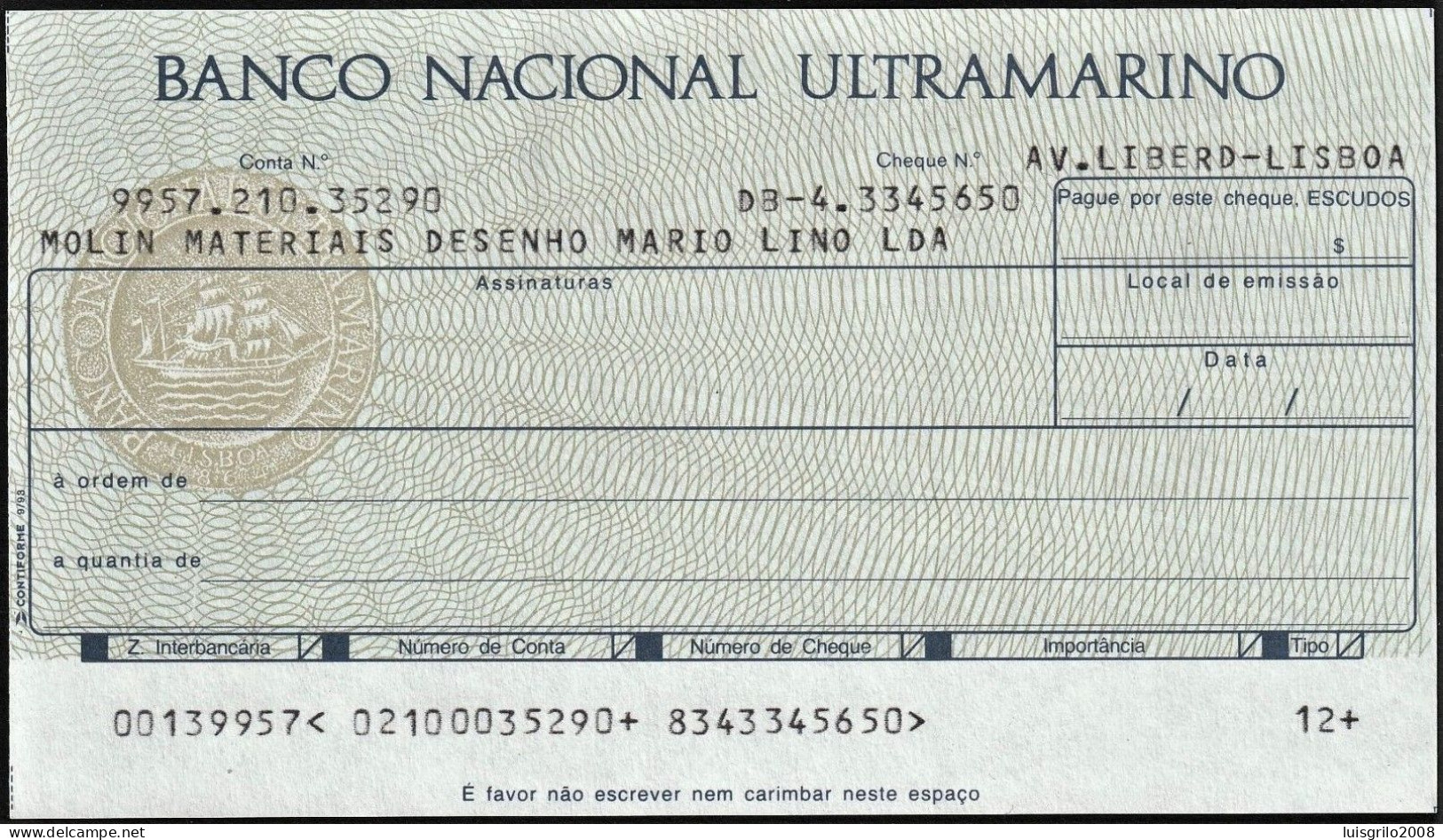 Portugal, Cheque - Banco Nacional Ultramarino. Av. Liberdade, Lisboa - Chèques & Chèques De Voyage