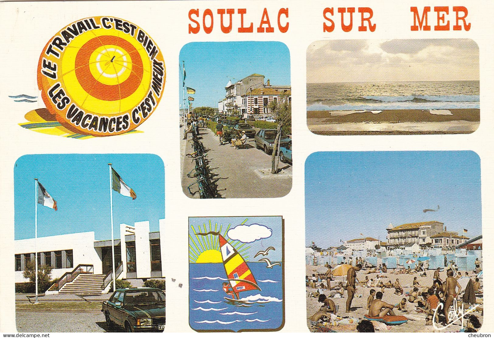 33. SOULAC SUR MER . CPSM. MULTIVUES. LE CASINO. LA PLAGE. FRONT DE MER .COUCHER DE SOLEIL ANNÉE 1987 + TEXTE - Soulac-sur-Mer