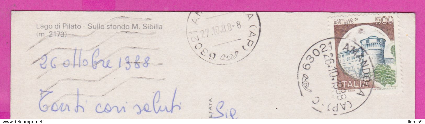 293871 / Italy - Lago Di Pilato - Sullo Sfondo M. Sibilla (m.2173) PC 1988 Amando USED 500 L Castello Di Rovereto Castle - 1981-90: Marcofilie