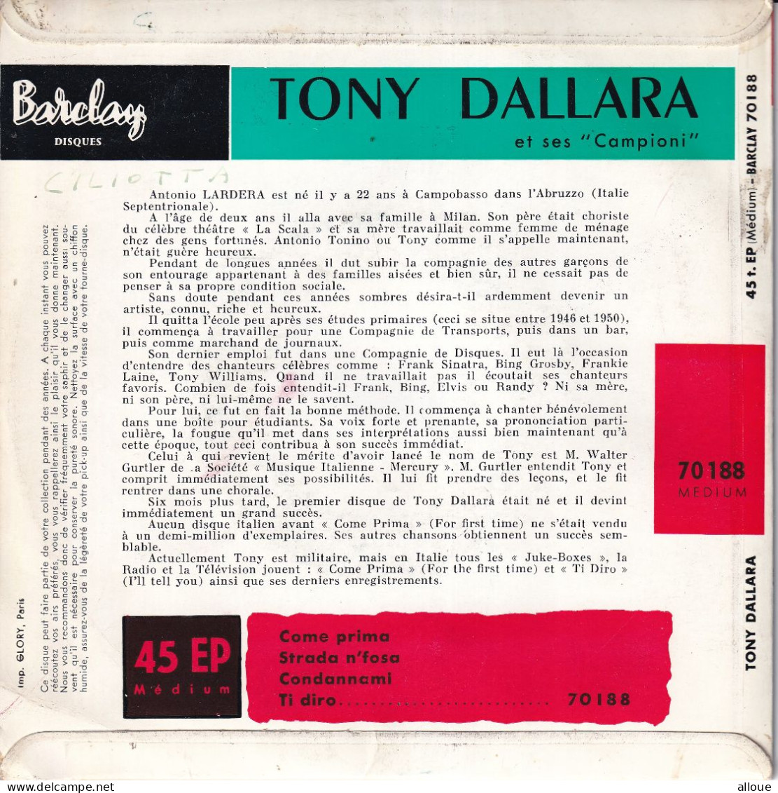 TONY DALLARA - FR EP -  COME PRIMA + 3 - Otros - Canción Italiana