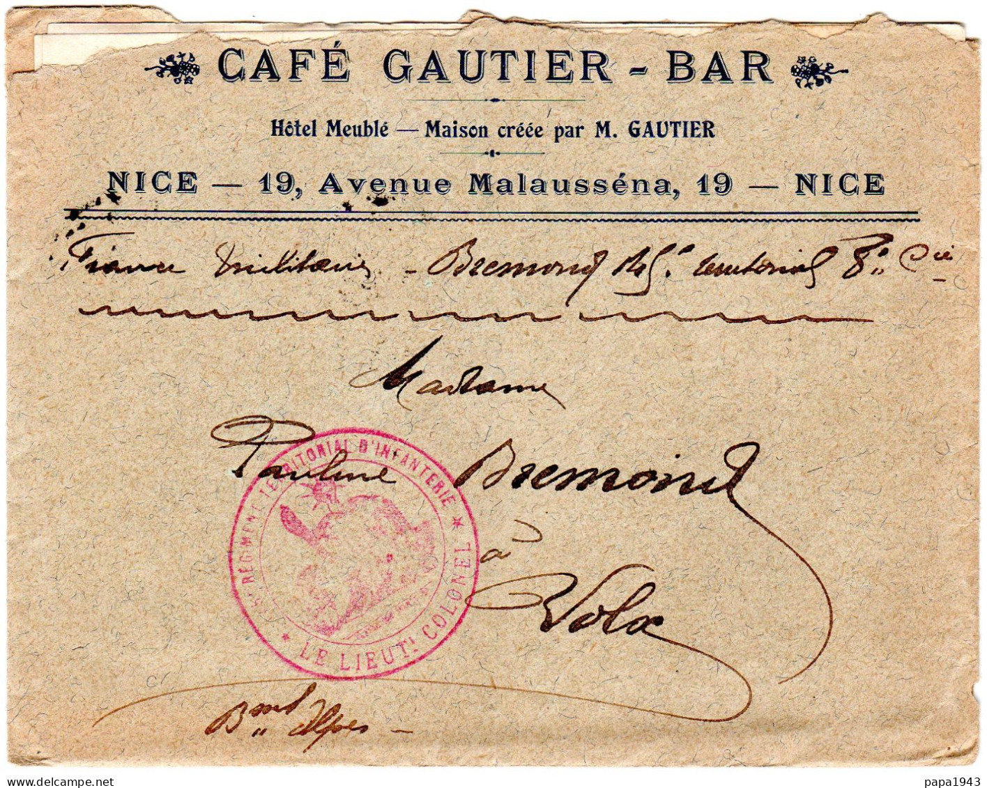 1914  " CAFE GAUTIER - BAR "  19 Avenue Malaussena NICE  Envoyée à VOLX - Storia Postale