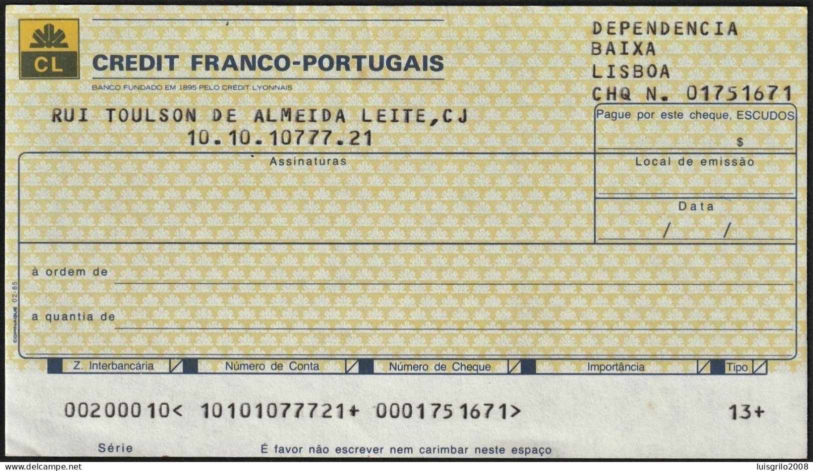 Portugal, Cheque Bancário - Credit Franco-Portugais. Dependencia Baixa, Lisboa - Neufs