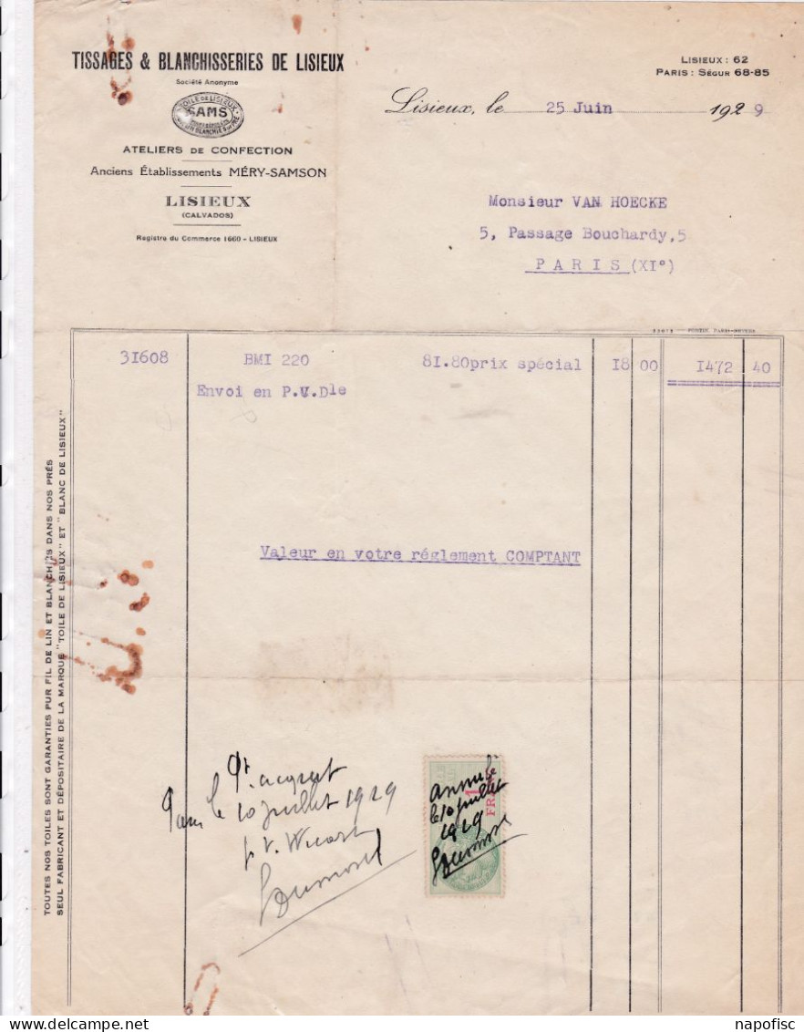 14-Tissages & Blanchisserie ...Ateliers De Confection...Lisieux...(Calvados)....1929 - Kleding & Textiel