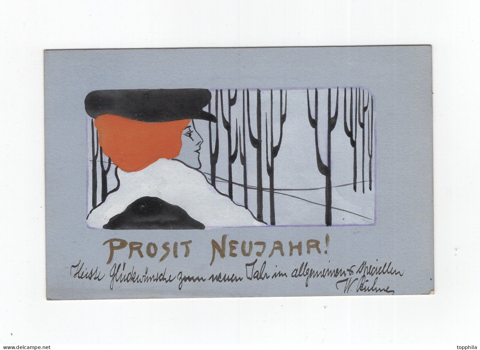 1902 Dt. Reich Dekorative  Farbige  Jugendstil Künstlerkarte Prosit Neujahr Dame Mit Mütze - 1900-1949