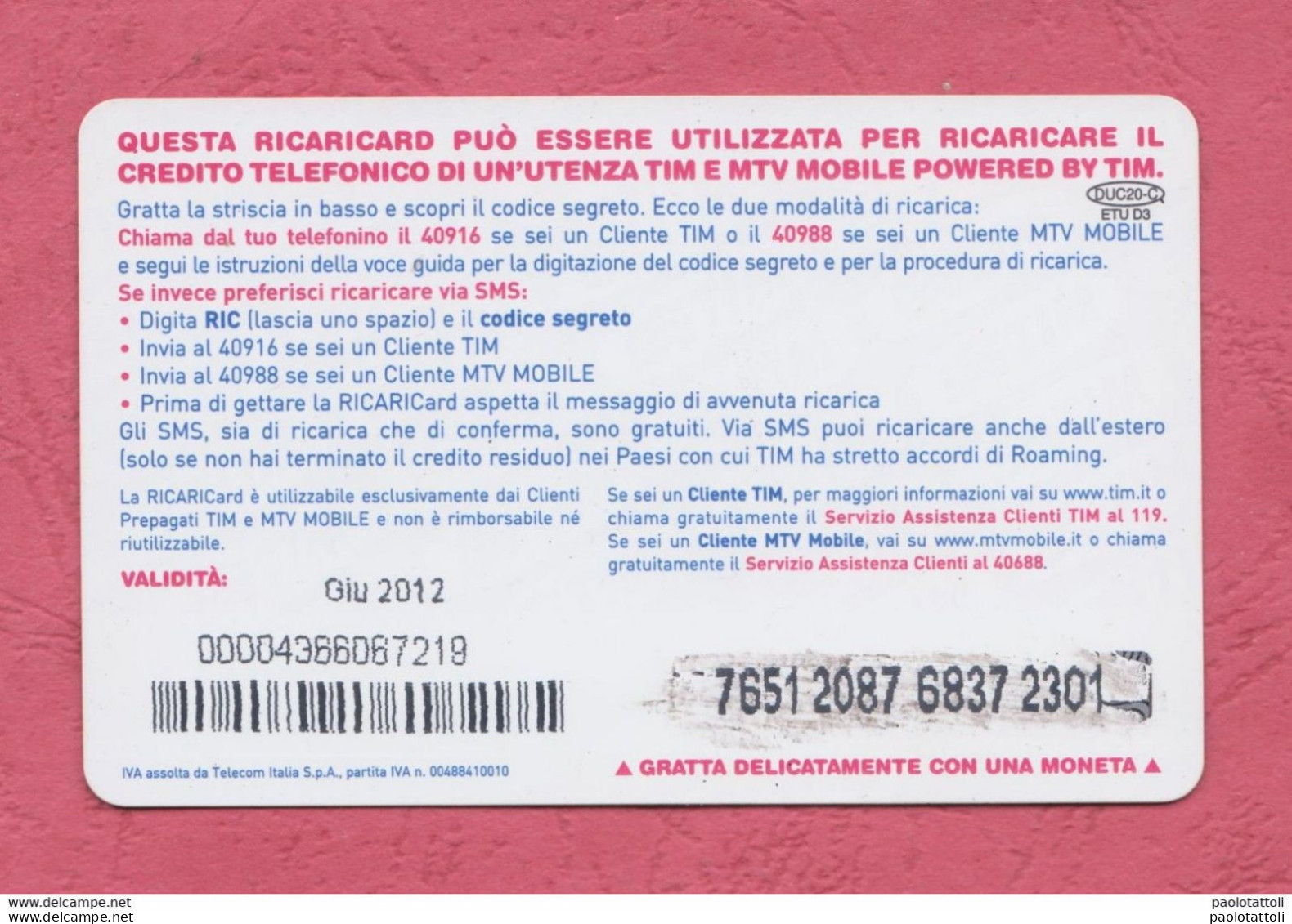 Italia, Italy- Ricarica Telefonica,TIM  Mobile Pop Up Card- Moto GP 2010. Round 01, Quatar 11.4.2010- 20 Euro. - [2] Tarjetas Móviles, Prepagadas & Recargos