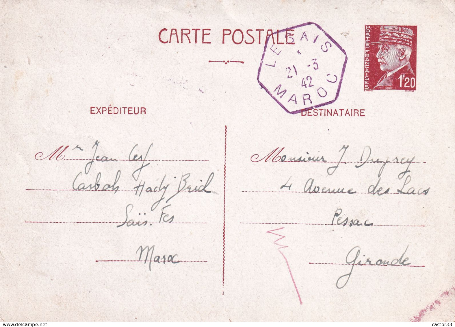 Carte Postale, Timbre Pétain 1F20 - Ohne Zuordnung