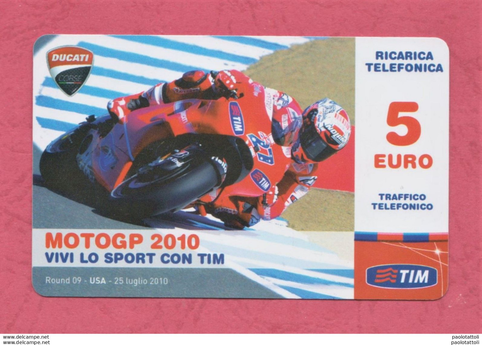 Italia, Italy- Ricarica Telefonica,TIM Mobile Top Up Card- Moto GP 2010, Round 09 USA 25.7.2010- 5 Euro. - [2] Handy-, Prepaid- Und Aufladkarten