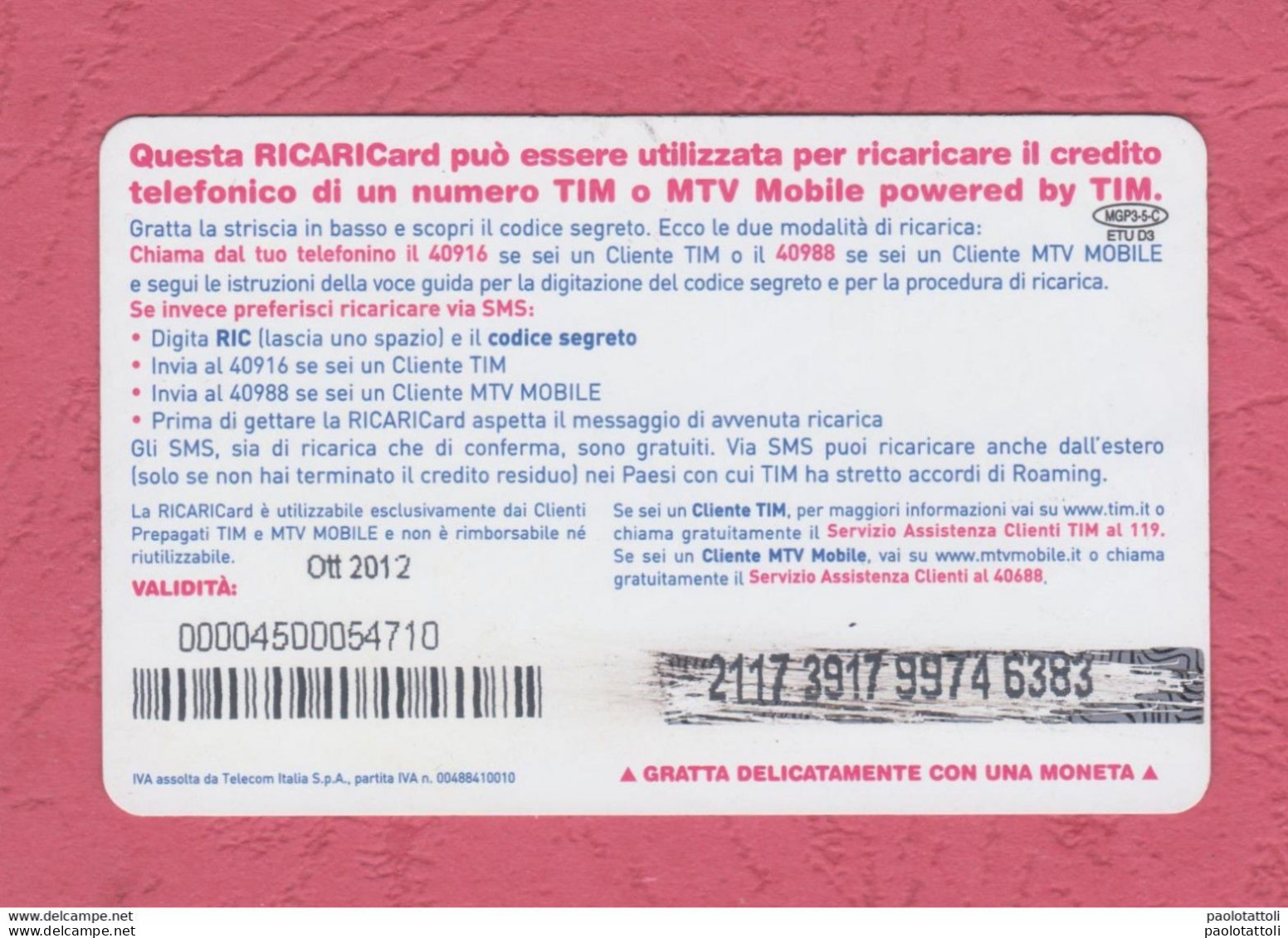 Italia, Italy- Ricarica Telefonica,TIM Mobile Top Up Card- Moto GP 2010, Round 09 USA 25.7.2010- 5 Euro. - [2] Tarjetas Móviles, Prepagadas & Recargos