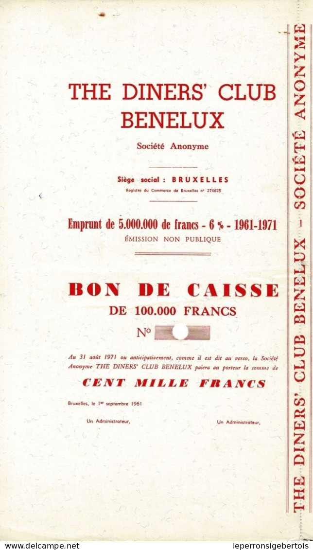 Obligation De 1961 - The Diners Club Bénélux - Déco - Blanco - D - F