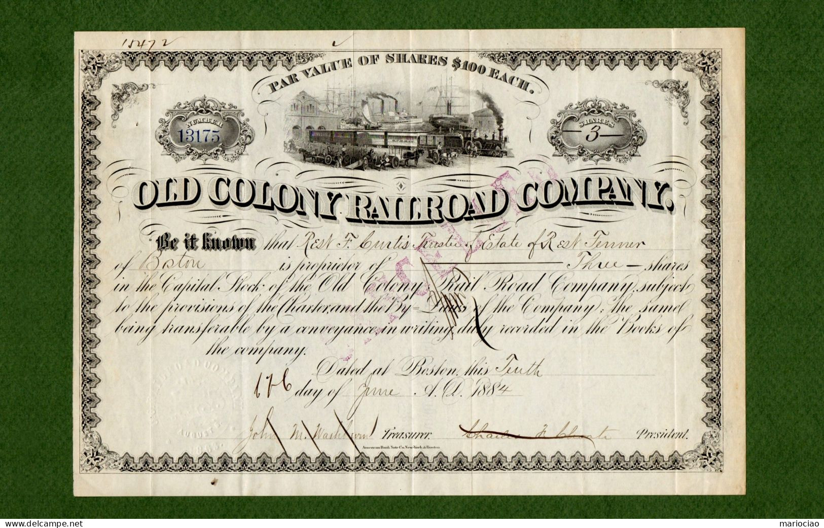 T-USA Old Colony Railroad Company, Boston 1884 - Chemin De Fer & Tramway