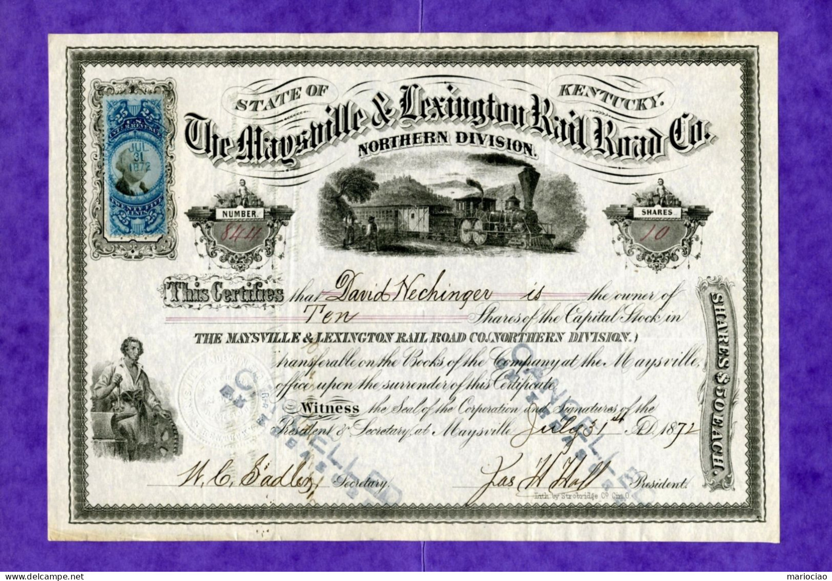 T-USA The Maysville & Lexington Rail Road 1872 Kentucky - Bahnwesen & Tramways