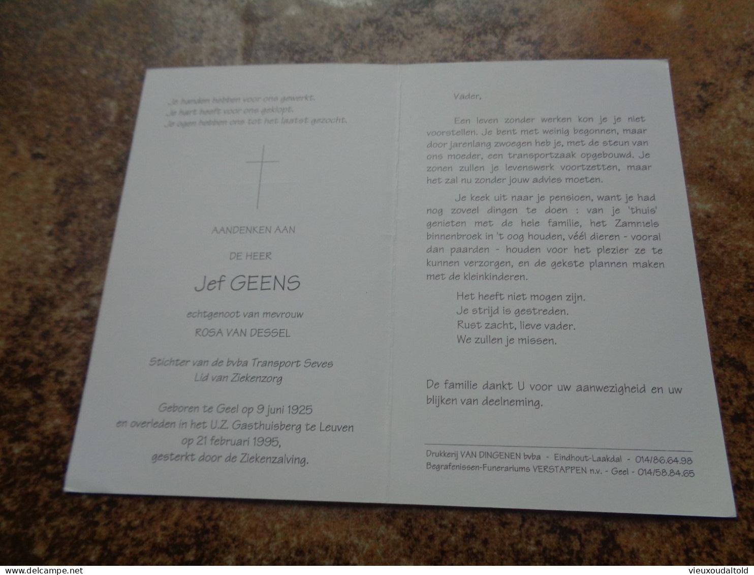 Doodsprentje/Bidprentje  Jef GEENS   Geel 1925-1995 Leuven  (Echtg Rosa VAN DESSEL) - Religion & Esotericism