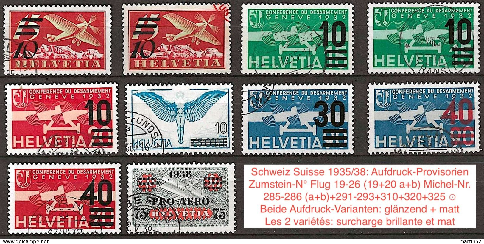 Schweiz Suisse 1935/38: Aufdruck-Provisorien Zu Flug 19-26 (a+b) Mi 285-286 (a+b)+291-293+310+320+325 ⊙ (Zu CHF 330.00) - Gebraucht