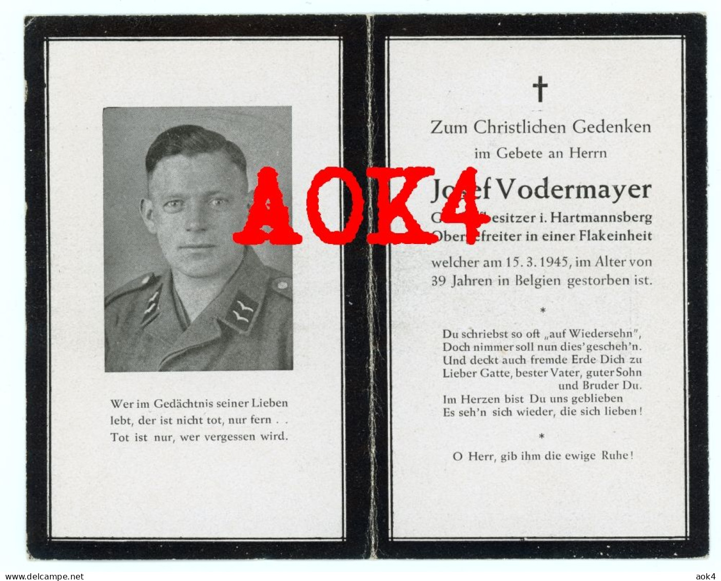 Doodsprentje Sterbebild Lommel 1945 Vodermayer Hartmannsberg Flak Belgien Kriegsgefangener POW - 1939-45