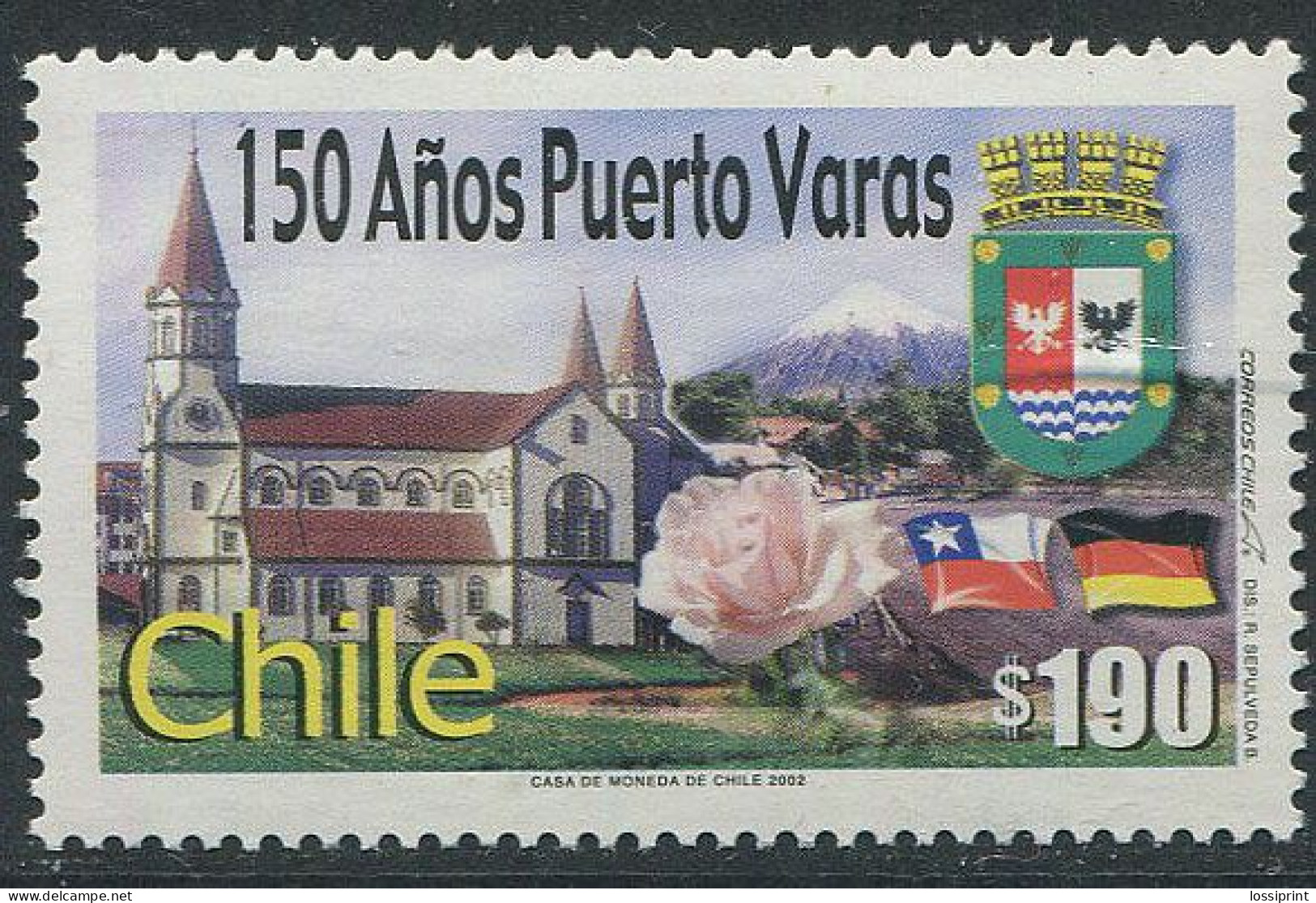 Chile:Unused Stamp 150 Years Puerto Varas, Rose, Coat Of Arm, 2002, MNH - Rozen