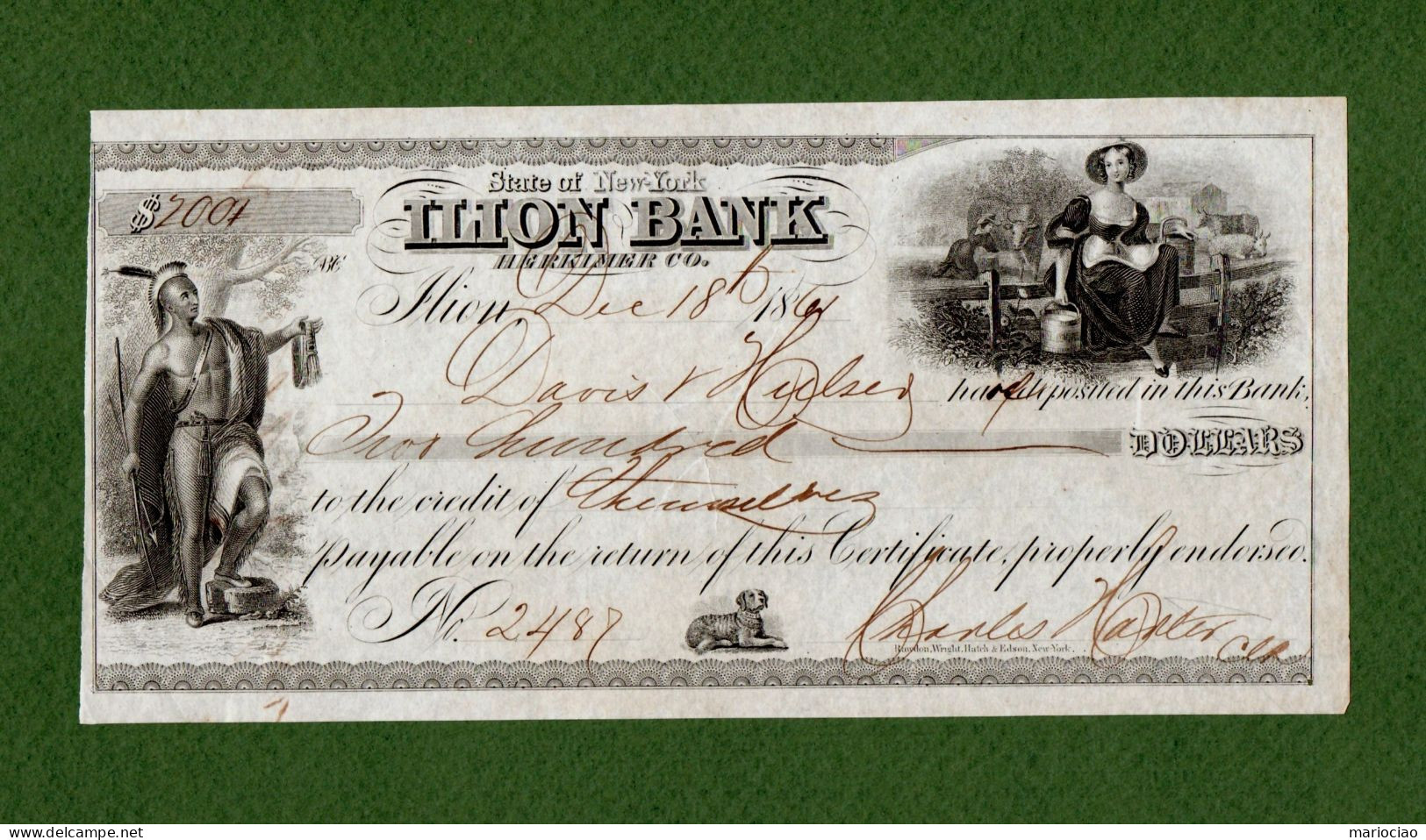 USA Certificate Of Deposit ILION BANK Herkimer State Of New York 1861 CIVIL WAR ERA - Valuta Van De Bondsstaat (1861-1864)