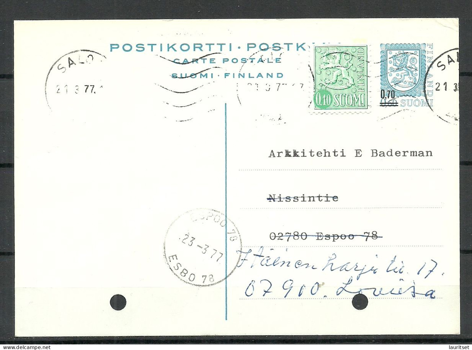 FINLAND 1977 O Salo Postal Stationery Ganzsache With OPT Redirected NB! 2 Holes At Bottom Margin! - Brieven En Documenten