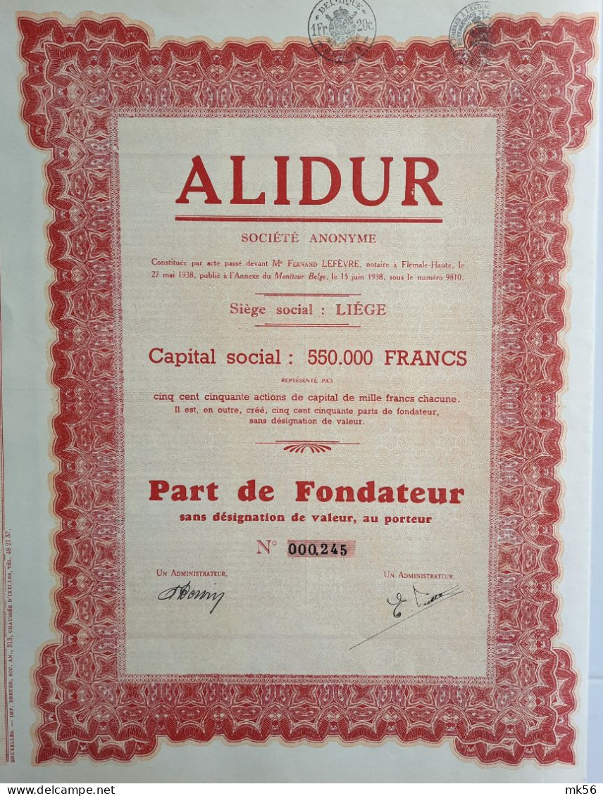 Alidur - Liège - 1938 - Part De Fondateur - Mineral