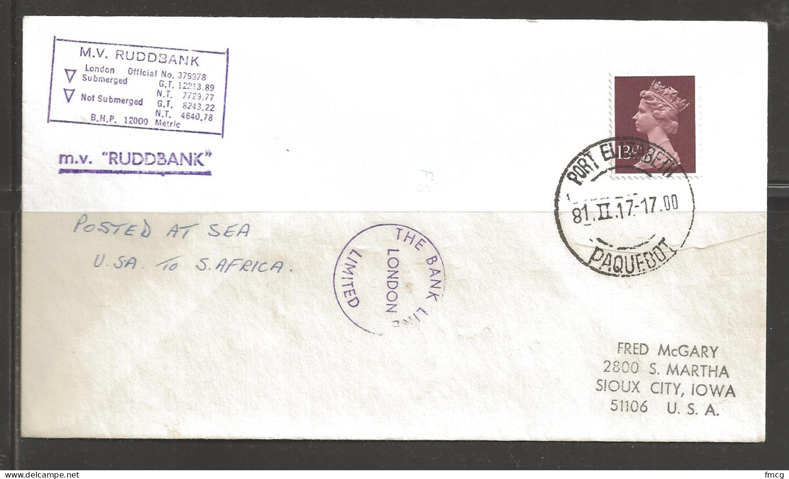 1981 Paquebot Cover,  British QEII Stamp Used In Port Elizabeth, South Africa - Covers & Documents
