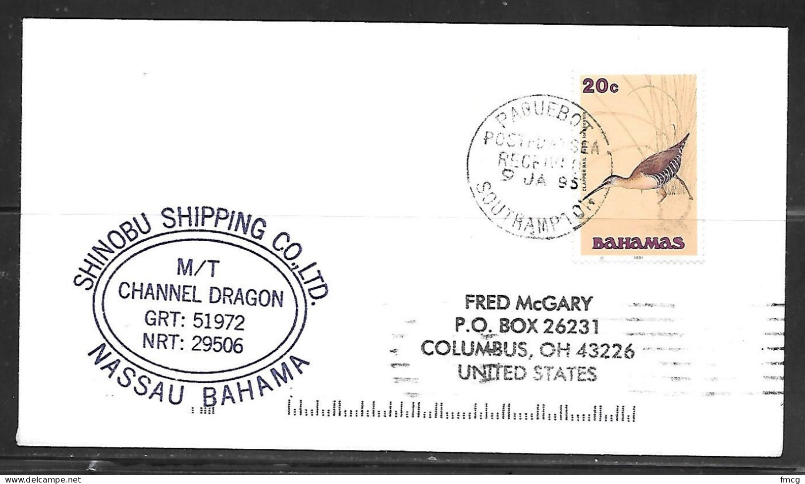 1995 Paquebot Cover, Bahamas Bird Stamp Mailed In Southampton, United Kingdom - Bahamas (1973-...)