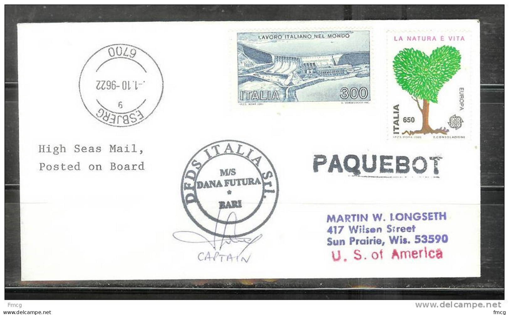 1996 Paquebot Cover, Italy Stamps Used In Esbjerg, Denmark - 1991-00: Marcofilia